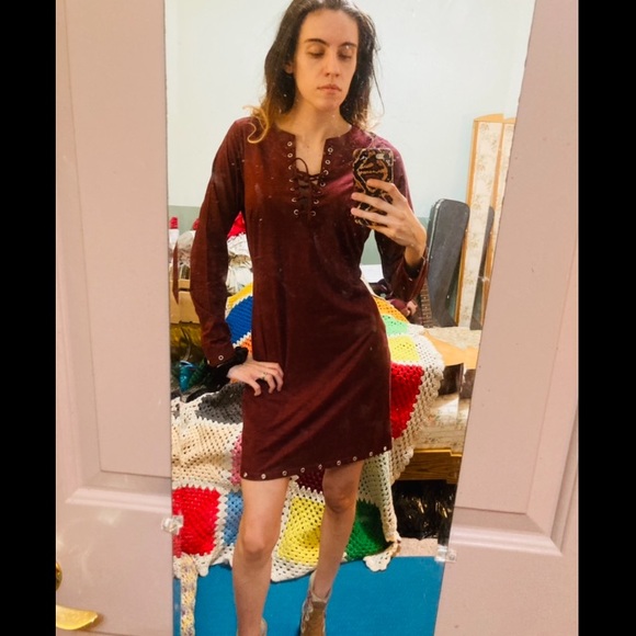 Venus Burgundy Red Suede Velvet Lace Up Dress - Picture 4 of 4